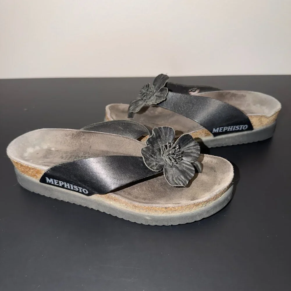 Mephisto Floral Slide Sandals Black Leather Cork Footbed Size 35 - Picture 3 of 7